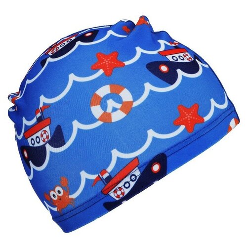 фото Шапочка для плавания детская, «морское путешествие», теропром, 9104553, тканевая, обхват 46-50 см, цвет синий