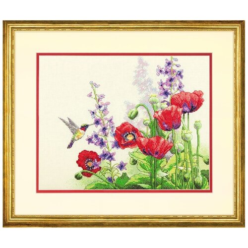 фото Dimensions набор для вышивания крестиком hummingbird and poppies 35,5 х 27,9 см (35344)