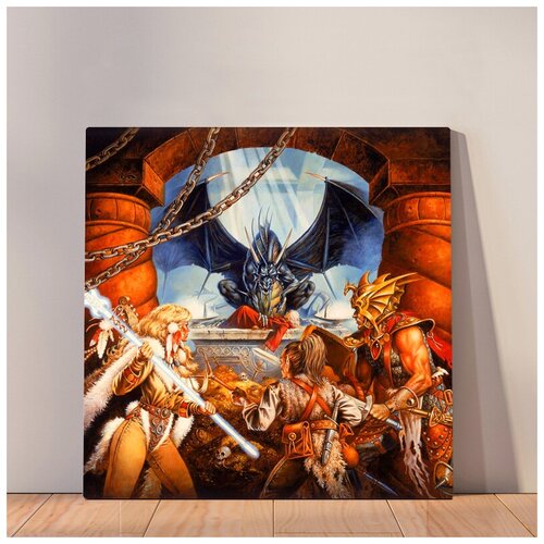 фото Картина замки и драконы - живопись в стиле фэнтези. фантастическая живопись, 45x45 см, картина на холсте на деревянном подрамнике с настенным креплением вау холст