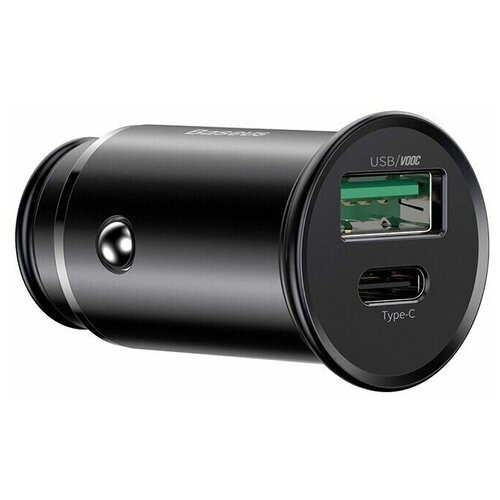 фото Автомобильное зарядное устройство baseus circular metal, usb+usb-c, 5a, 30 вт, черный (ccys-c01)