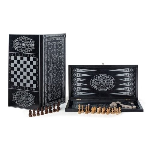 фото Игра 3 в 1 деревянная орнамент (шахматы,нарды,шашки) 256-18 60*60 см черный mark19
