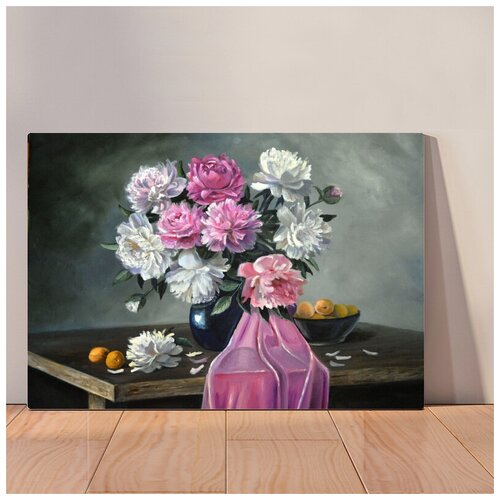 фото Картина цветы пионы в вазе натюрморт маслом, 40x53 см, картина на холсте на деревянном подрамнике с настенным креплением вау холст