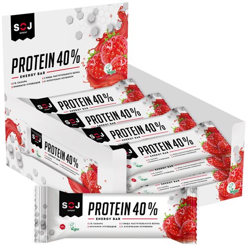 фото Протеиновый батончик soj веган на стевии и вкусом клубники 40% протеина (40гр х 16 в наборе)