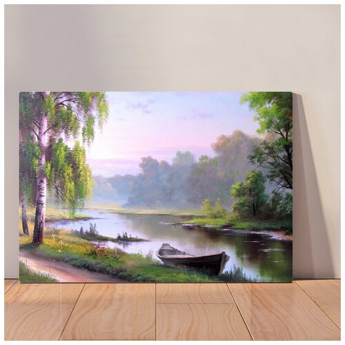 фото Картина лодки на воде, 40x53 см, картина на холсте на деревянном подрамнике с настенным креплением вау холст