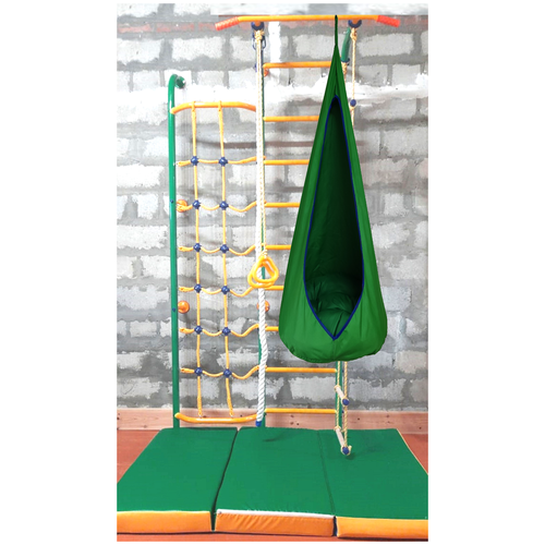 фото Комплект дск пристенный new с сеткой зеленый противоскользящие ступени веселый непоседа, мат 1.5х1м. зеленый и гамак-капля зеленый вереск