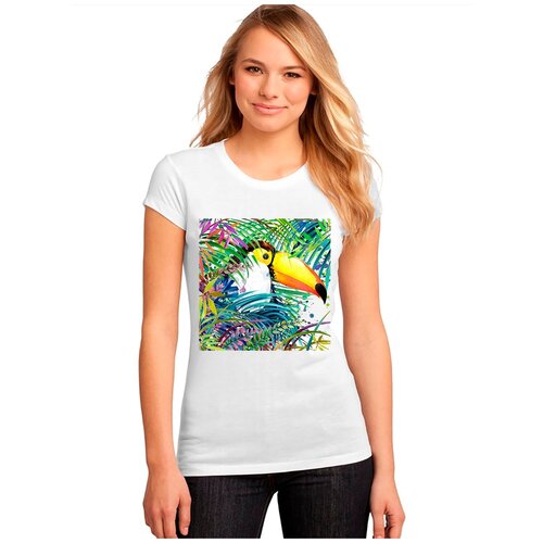 фото "женская белая футболка тукан, птица, трава". размер m drabs
