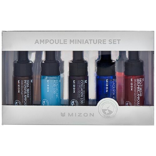 фото Mizon ampoule miniature set набор сывороток для лица (snail repair intensive, hyaluronic acid 100, collagen 100, placenta 45, night repair seruming), 9.3 мл , 5 шт.