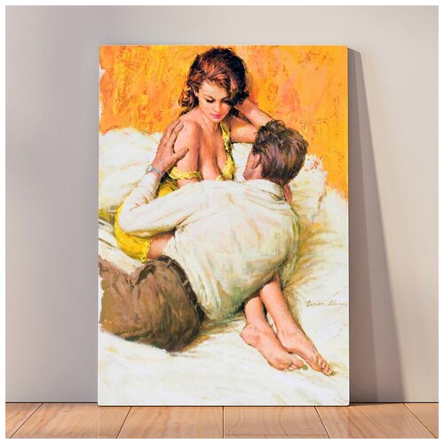 фото Картина влюбленная пара на кровати, 30x40 см, картина на холсте на деревянном подрамнике с настенным креплением вау холст