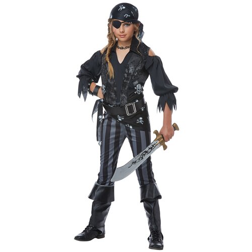 фото Костюм боевая пиратка deluxe детский california costumes s (6-8 лет) (рубашка, жилет, брюки, бандана, пояс, повязка на глаз, имитация обуви)