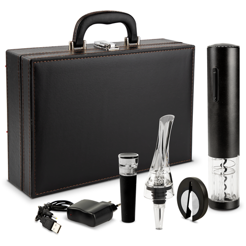 фото Подарочный набор сомелье для вина "goodwine" в черном кожаном чемодане 5в1 (электроштопор, аэратор, пробка, нож, зарядка) добрый жар
