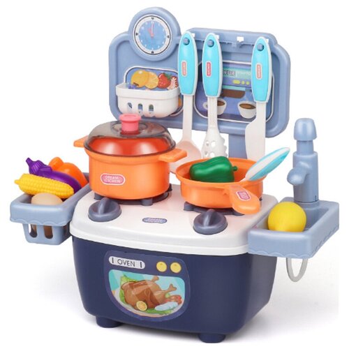 фото Интерактивная детская кухня, многофункциональный игрушечный гарнитур с набором посуды, продуктами и раковиной, 28см, синий sweet sunshine