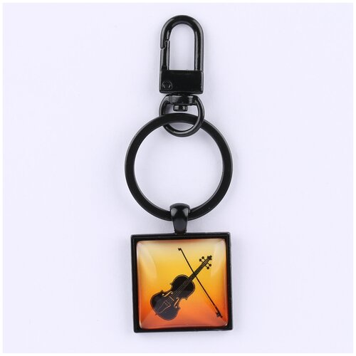фото Брелок darifly чёрный "скрипка на жёлто-оранжевом фоне" с карабином, большим кольцом для ключей с цепью и квадратным рисунком