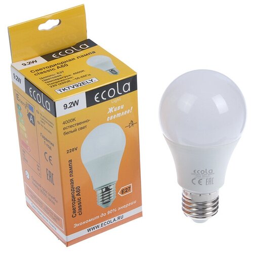 фото Лампа светодиодная ecola, а60, e27, 9.2 вт, 4000 k, 110x60 мм, матовый шар нет бренда