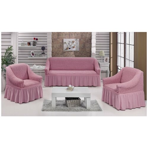 фото Набор чехлов на трёхместный диван и кресла 2 шт. bulsan burumcuk светло-розовый bulsan (турция)