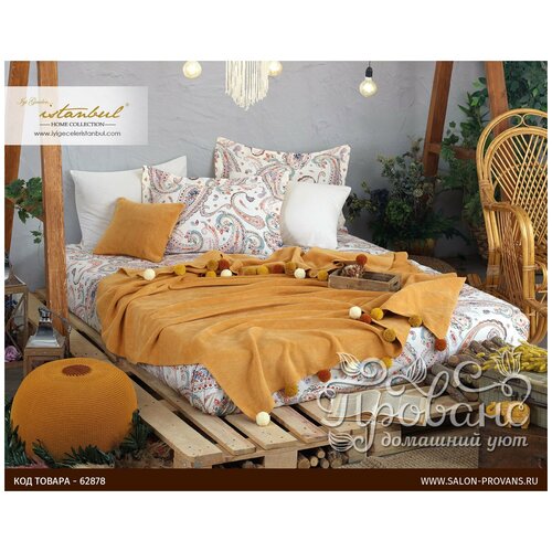 фото Постельное белье без пододеяльника с пледом istanbul home collection boho хлопковый ранфорс горчичный евро istanbul home collection (турция)