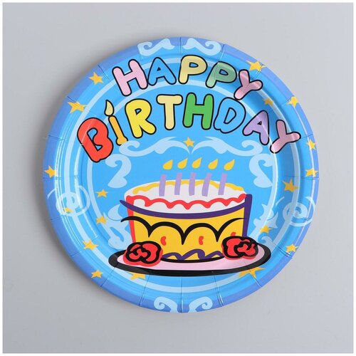 фото Тарелка бумажная "с днём рождения", торт, 6 шт., цвет голубой страна карнавалия