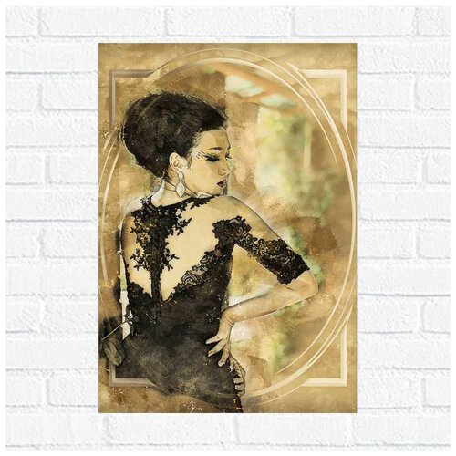 фото Постер модная девушка в чёрном платье, 50x67 см, бумага вау холст