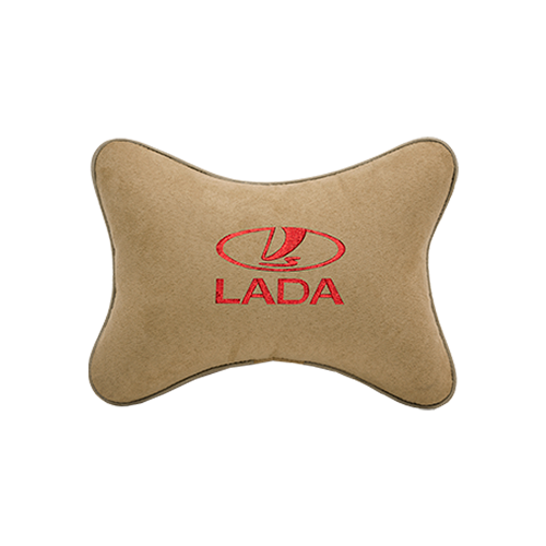 фото Подушка на подголовник алькантара beige (красная) с логотипом автомобиля lada vital technologies