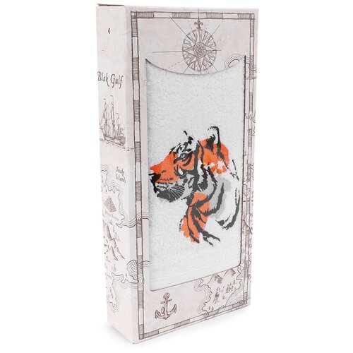 фото Полотенце махровое 70х140 см с вышивкой "тигр" (белое) в подарочной упаковке demari