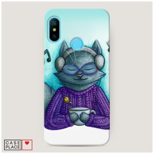 фото Чехол пластиковый xiaomi mi a2 lite кот в свитере и наушниках case place