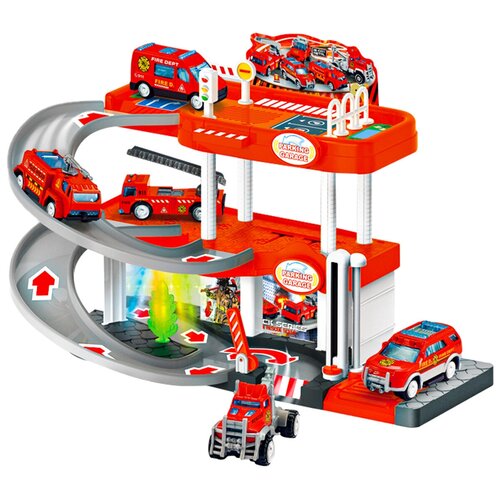 фото Детский игровой набор парковка fire parking 1949428, 3 машинки, звук сирены, подсветка, лифт, 44х30х9 см joy toy