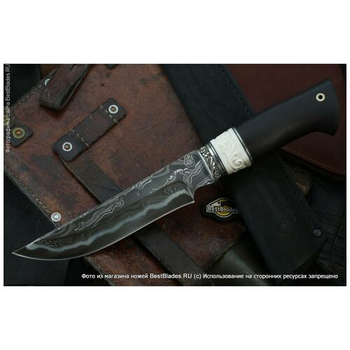 фото Нож lemax тайга (ламинированный дамаск, мельхиор, резная кость, граб)