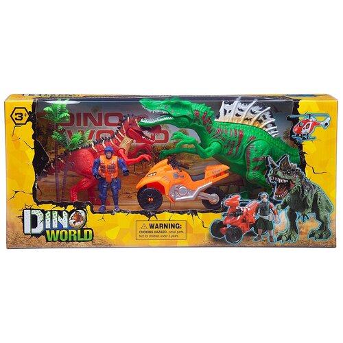 фото Набор игровой мир динозавров (2 больших динозавра, маленький динозавр, 2 фигурки человека, лодка, акссесуары), в коробке - junfa toys [wa-14216]