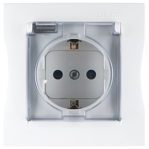 фото Розетка ip44 с крышкой, заземлением и шторками schuko 2р+е 16a 250в~ моноблок белого цвета simon