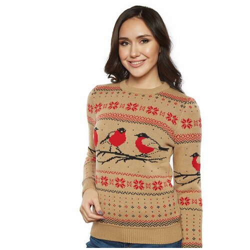 фото Шерстяной свитер, классический скандинавский орнамент с птицами снегирями и снежинками, натуральная шерсть, бежевый цвет, размер m anymalls