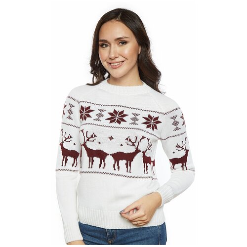фото Шерстяной свитер, классический скандинавский орнамент с оленями и снежинками, натуральная шерсть, молочный, бордовый цвет, размер l anymalls