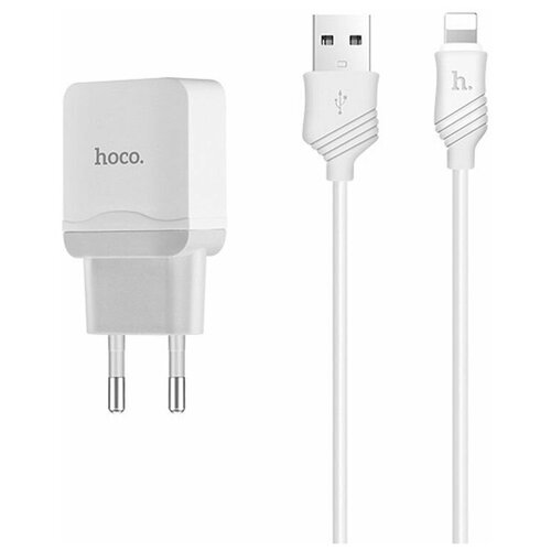 фото Блок питания сетевой 1 usb hoco, c22a, 2400ma, пластик, кабель apple 8 pin, цвет белый