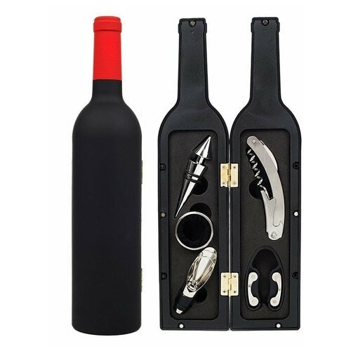 фото Подарочный винный набор сомелье в виде бутылки 32 см, 5 в 1, с красным горлышком люблю дарить