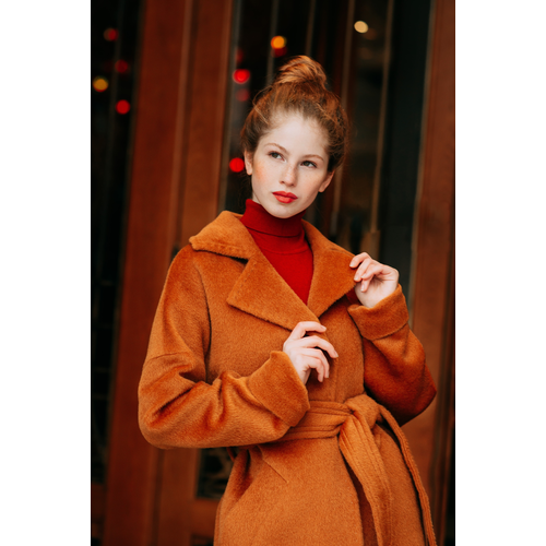 фото Пальто-халат azellricca демисезонное, демисезон/зима, шерсть, силуэт прямой, удлиненное, размер 52/56, оранжевый