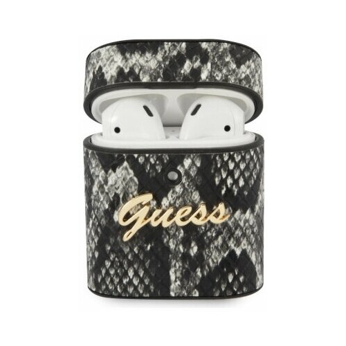 фото Чехол guess python pu leather case metal logo для airpods чёрно-серый