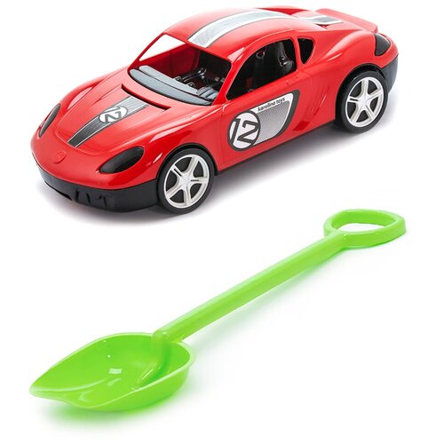 фото Набор игрушек малышу игрушка "детский автомобиль" (молния) красный + лопатка 50 см. салатовый karolina toys