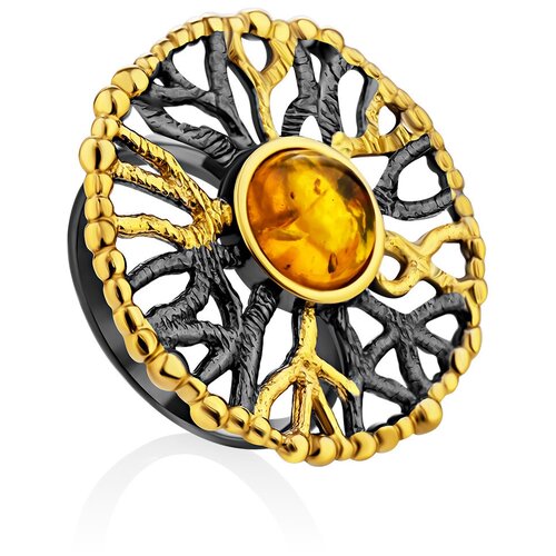 фото Amberholl ажурное кольцо из черненого серебра с позолотой и натурального янтаря «алхимия»