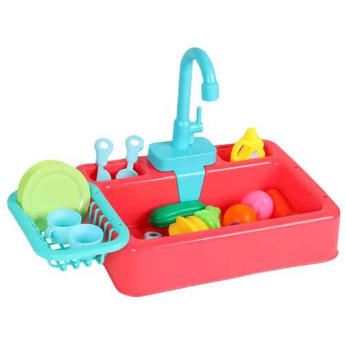 фото Кухня детская игровая раковина с водой, на батарейках, 14 предметов: игрушечная посуда, столовые приборы, игрушечные продукты, для девочек, для игры в хозяйку, цвет красный, в/к 35*9*25 см компания друзей