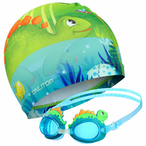 фото Набор детский "динозаврик", шапочка, очки для плавания, мешок onlitop