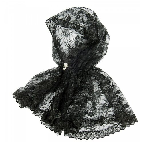фото Ниспадающий платок на голову для храма черный | накидка-капюшон из ажурного гипюра, брошь в подарок rossini