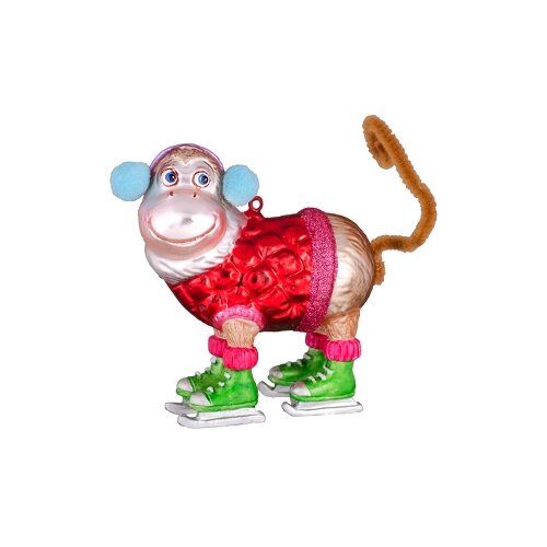 фото Елочная игрушка holiday classics обезьяна-фигурист в наушниках и красном свитере 54992, красный/бежевый