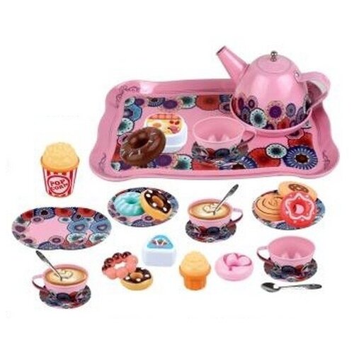 фото Посуда металлическая в наборе с чайником, чашками, блюдцами, подносом, продуктами, розовый, на блистере - junfa toys [wk-14789]