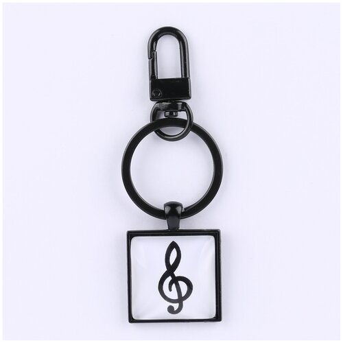 фото Брелок darifly чёрный "скрипичный ключ на белом фоне" с небольшим карабином, большим кольцом для ключей и квадратным рисунком