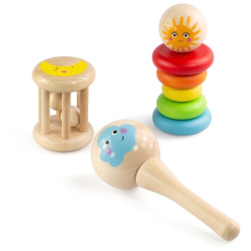 фото Набор из 3 деревянных игрушек для детей мое солнышко / первые игрушки для малышей / погремушка / пирамидка / ulanik