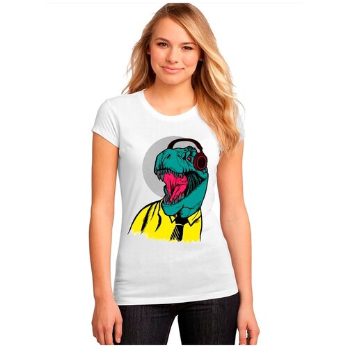 фото "женская белая футболка динозавр, желтая рубашка, наушники". размер xl drabs