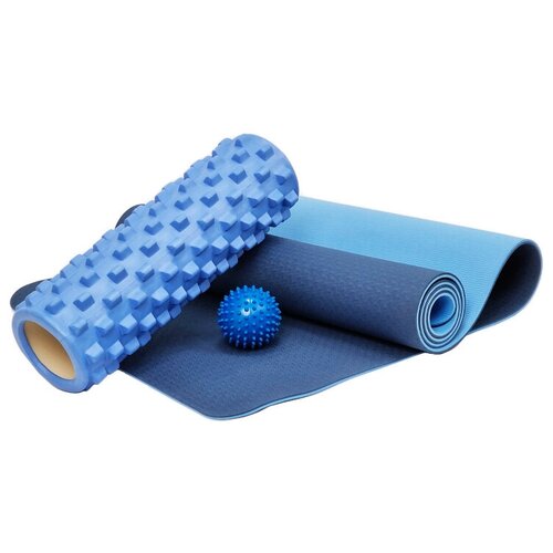 фото Набор для йоги, фитнеса и пилатеса: коврик с чехлом + массажный ролик + массажный мяч, синий insport