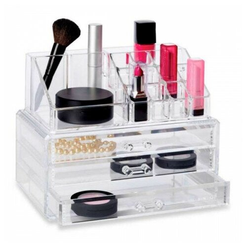 фото Органайзер для косметики (бьюти-кейс) cosmetic organizer, настольная косметичка на 16 отсеков и 3 ящичка solarius