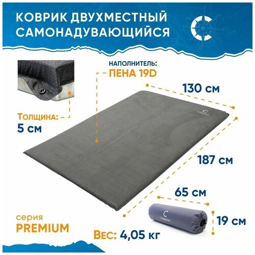 фото Самонадувающийся коврик двухместный туристический 5 см толщина "следопыт" premium 187x130x5 cм , походный матрас двухспальный, коврик в палатку двойной самонадувной