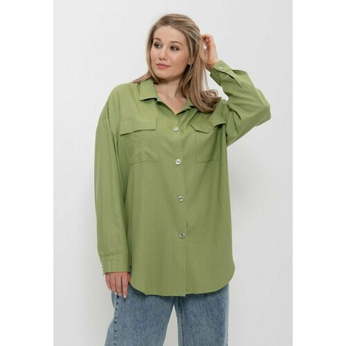 фото Рубашка cleo, повседневный стиль, прямой силуэт, длинный рукав, карманы, однотонная, размер 50, зеленый