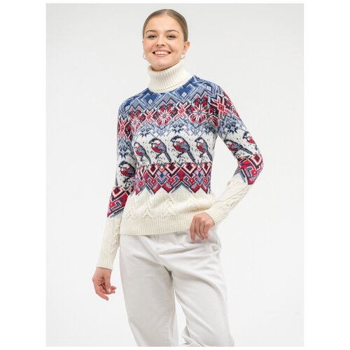 фото Женский свитер со снегирями и узорами pulltonic