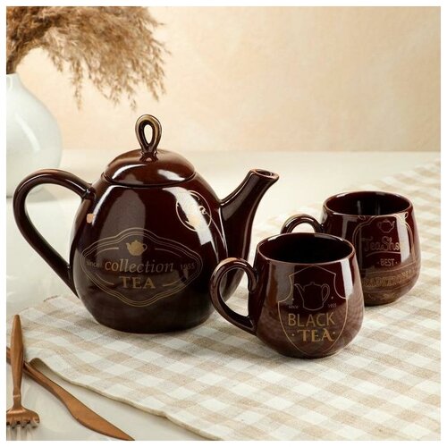 фото Набор чайный"петелька", коричневый, 3 предмета: чайник 0.8 л, чашки 0.22 л керамика ручной работы 69 yandex market